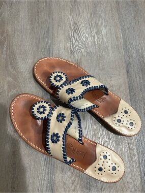 Jack Rogers Beige and Navy Whipstitch Rondelle Sandals